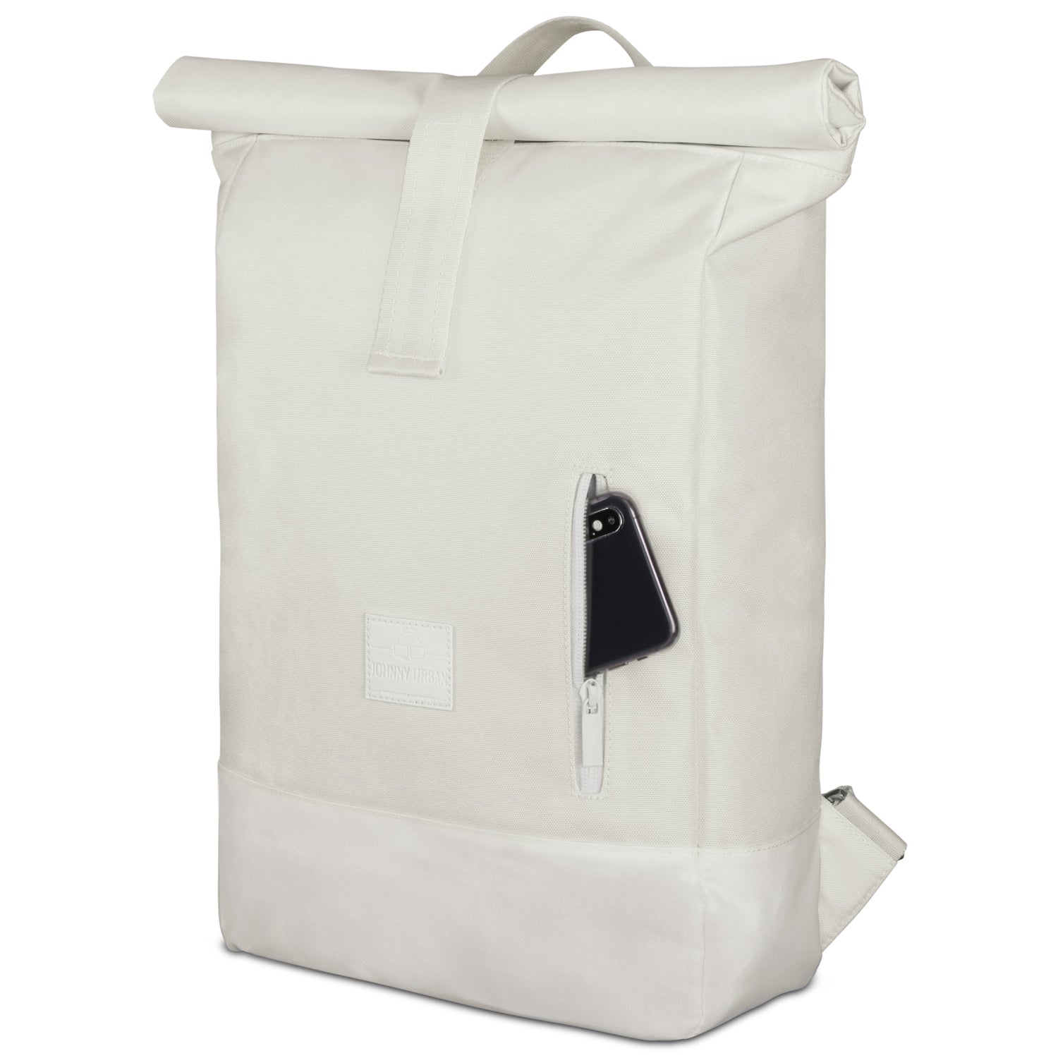 Weißer Rolltop Rucksack 'Robin Medium' von Johnny Urban mit seitlicher Reißverschlusstasche und Smartphone