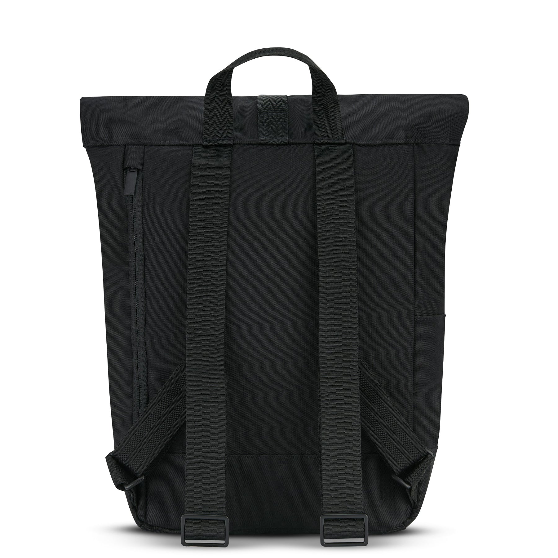 Schwarzer Rolltop Rucksack 'Robin Small' von Johnny Urban, Rückseite mit zwei verstellbaren Schultergurten und Trageschlaufe