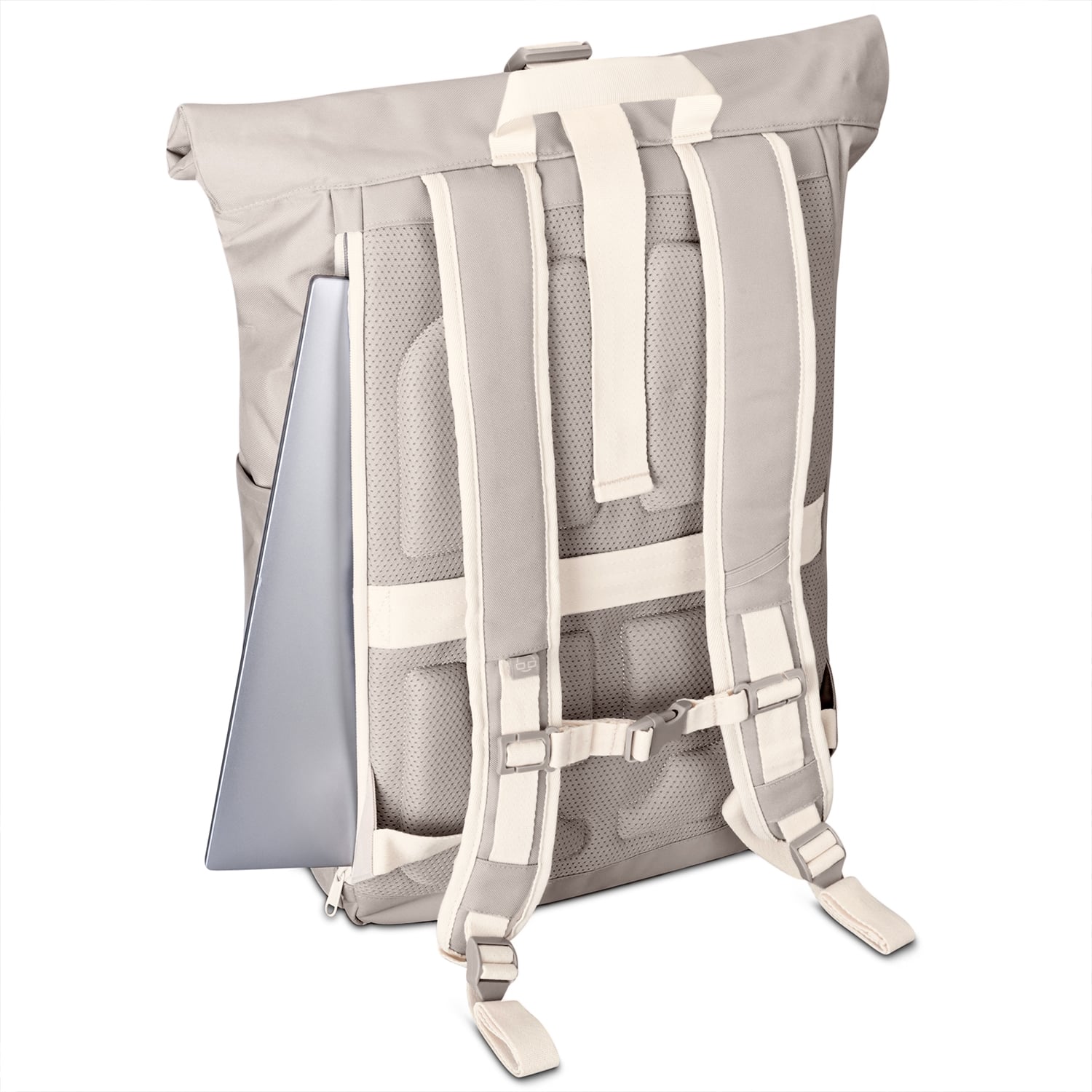 Beiger Rolltop Rucksack 'Allen XL' mit gepolstertem Rückenbereich und Laptopfach, Rückseite sichtbar