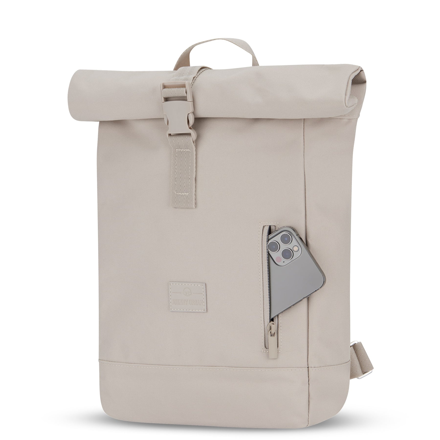 Beiger Johnny Urban Rolltop-Rucksack 'Robin Small' mit seitlicher Reißverschlusstasche und Smartphone