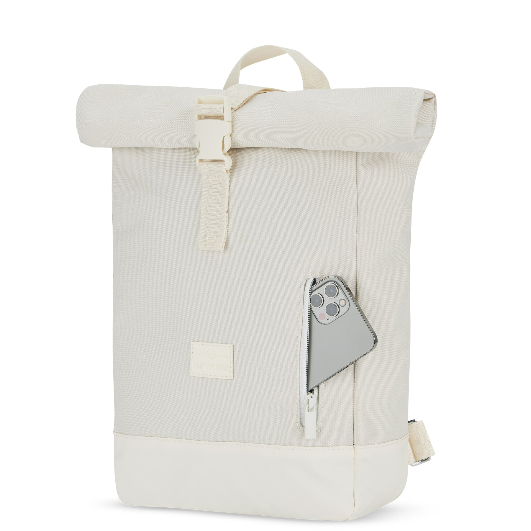 Weißer Rolltop Rucksack Robin Small mit seitlicher Reißverschlusstasche und grauem Smartphone