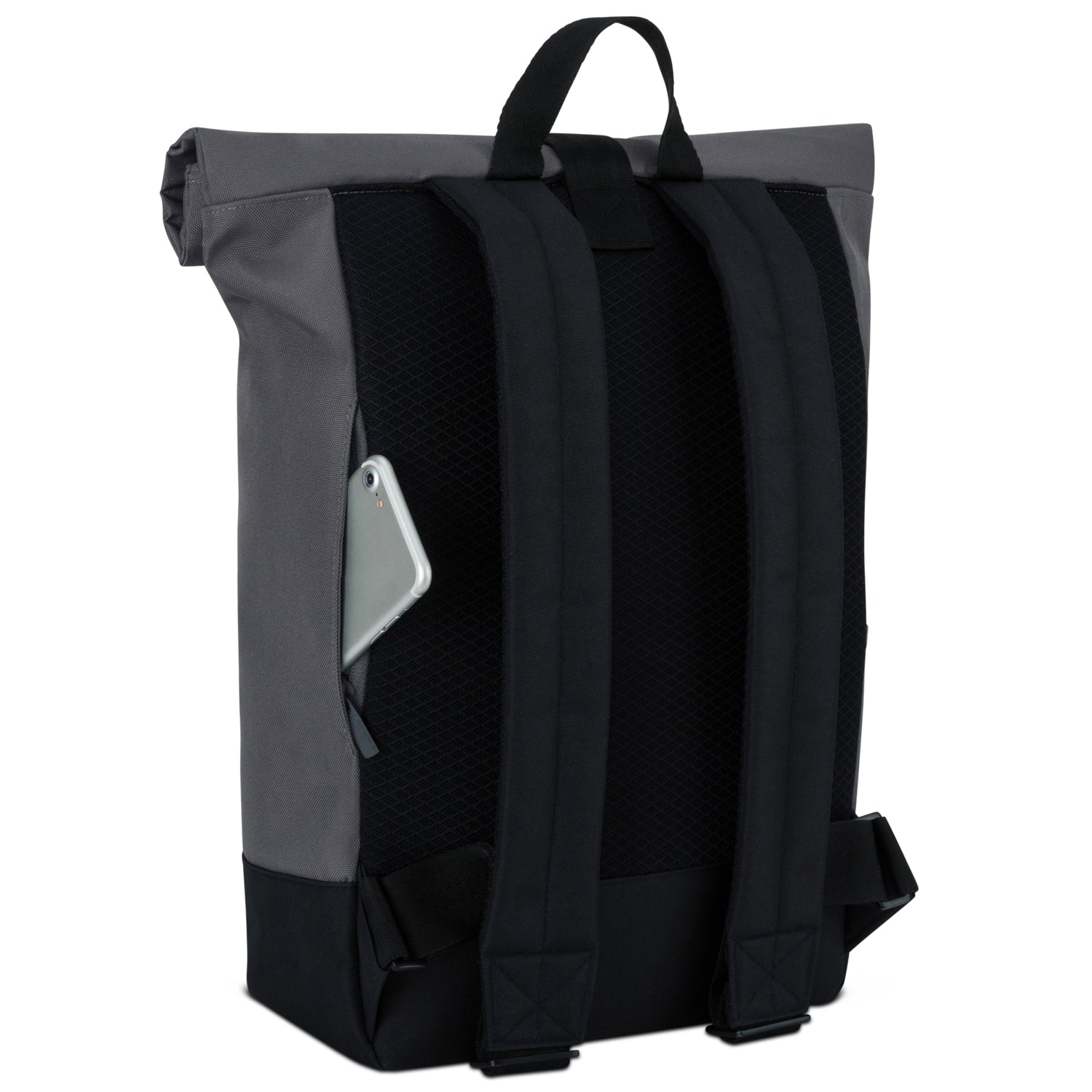 Rucksack 'Ryan' von Johnny Urban in Grau mit gepolsterten schwarzen Trägern und seitlicher Tasche mit Smartphone