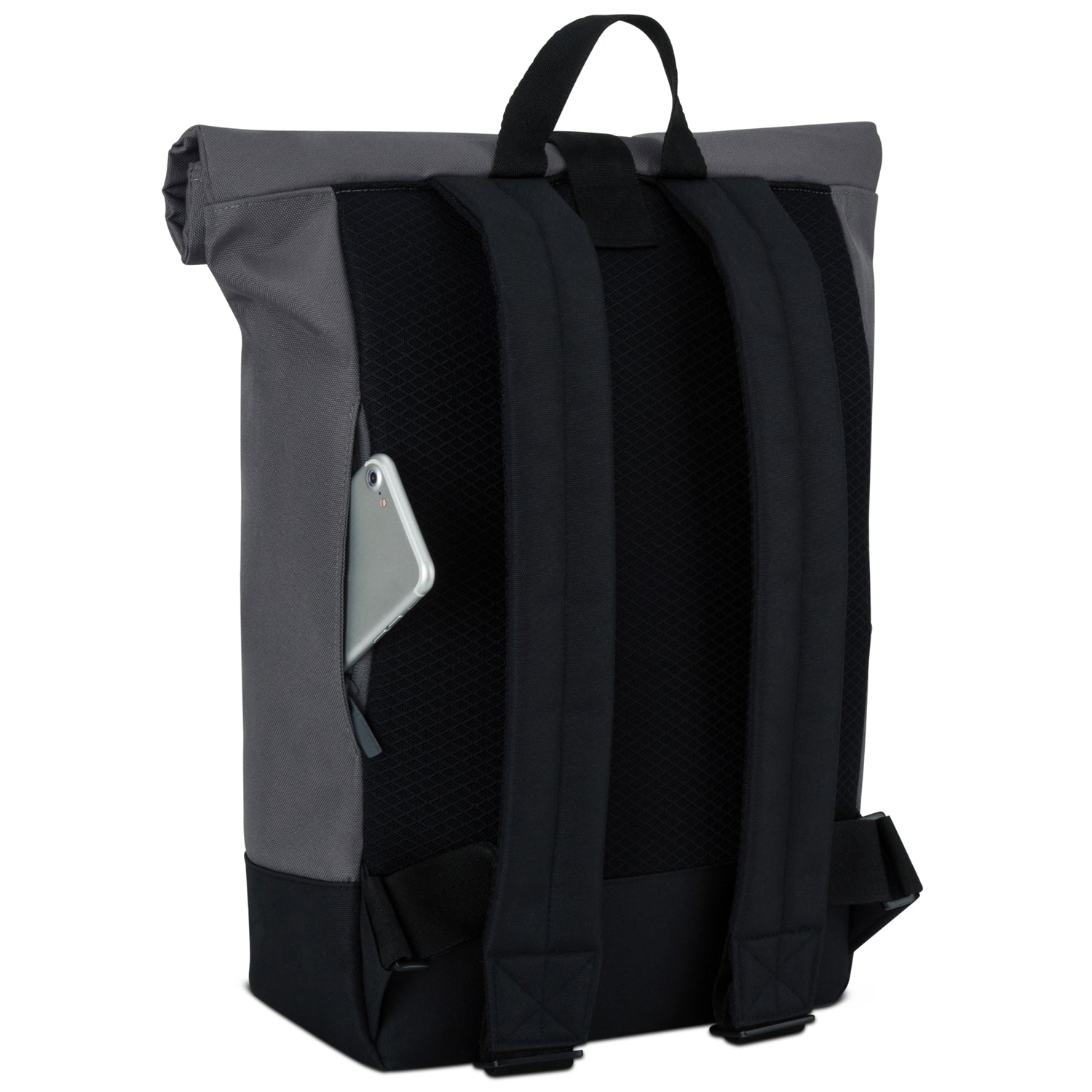 Rolltop Rucksack 'Ryan' in Grau mit schwarzem Rückenpolster und Smartphone in Seitentasche
