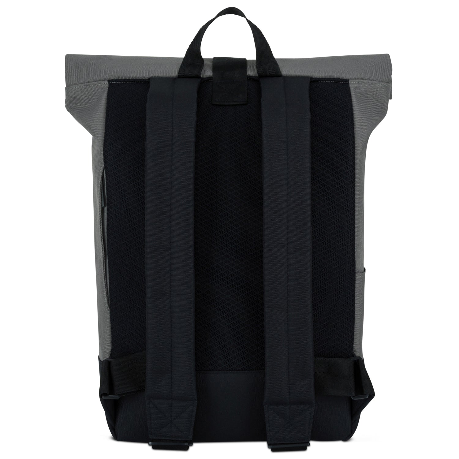 Rückansicht des Rolltop Rucksacks 'Ryan' in Grau mit gepolsterten schwarzen Trägern und Rückenpartie