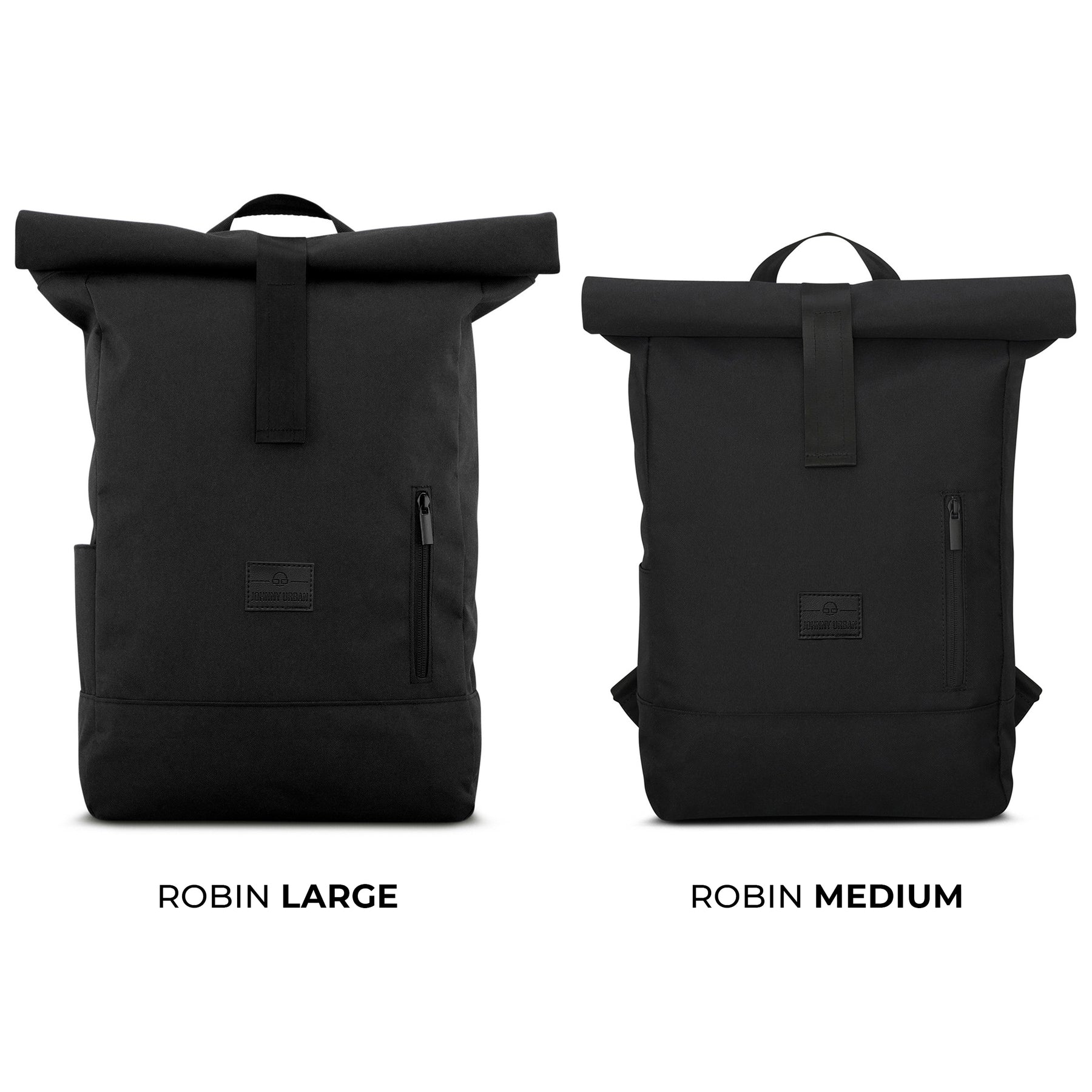 Zwei schwarze Rolltop-Rucksäcke von Johnny Urban, Modell Robin Large und Robin Medium, nebeneinander im Größenvergleich