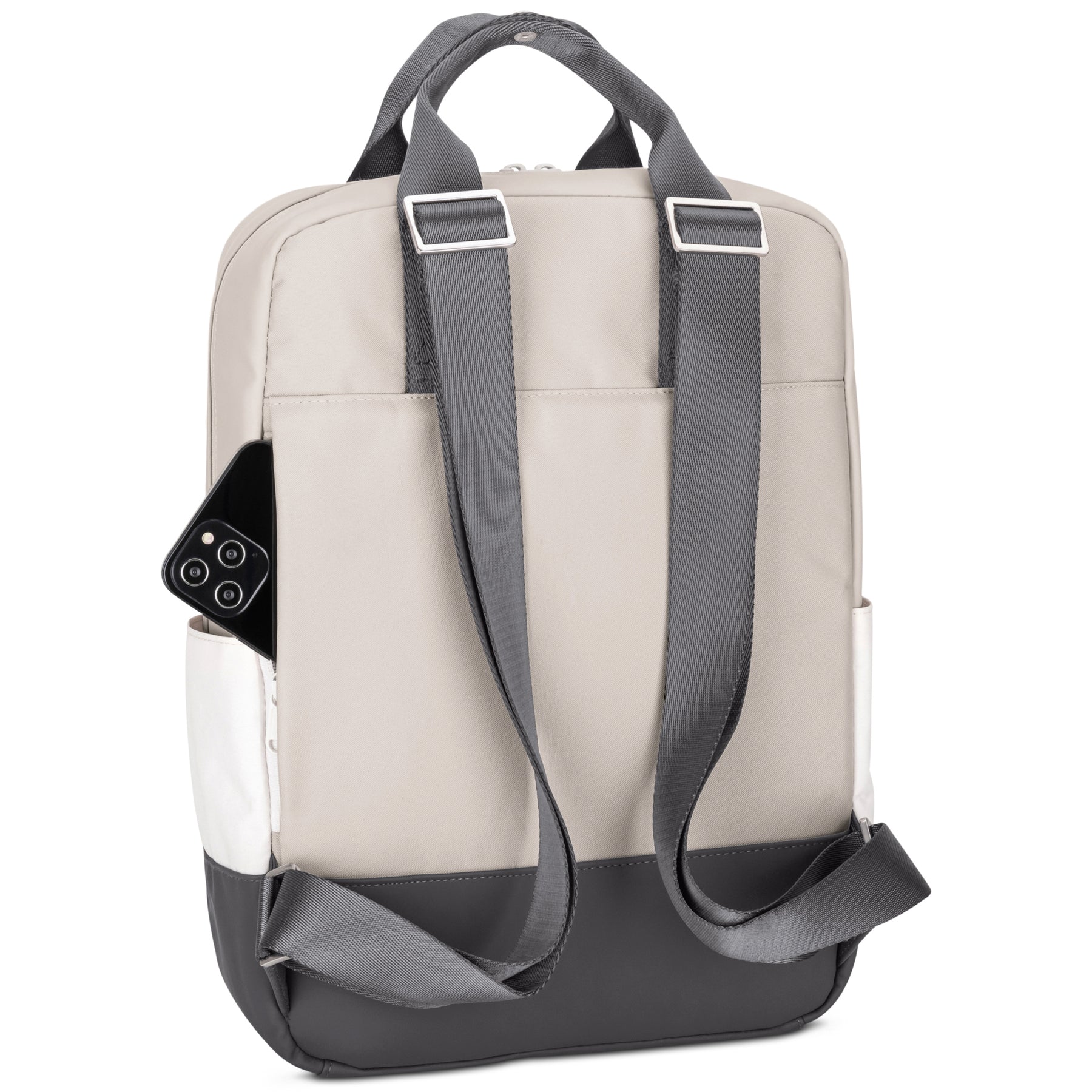 Rucksack 'Jona Large' in Beige und Grau mit verstellbaren Trägern und Smartphone in Seitentasche