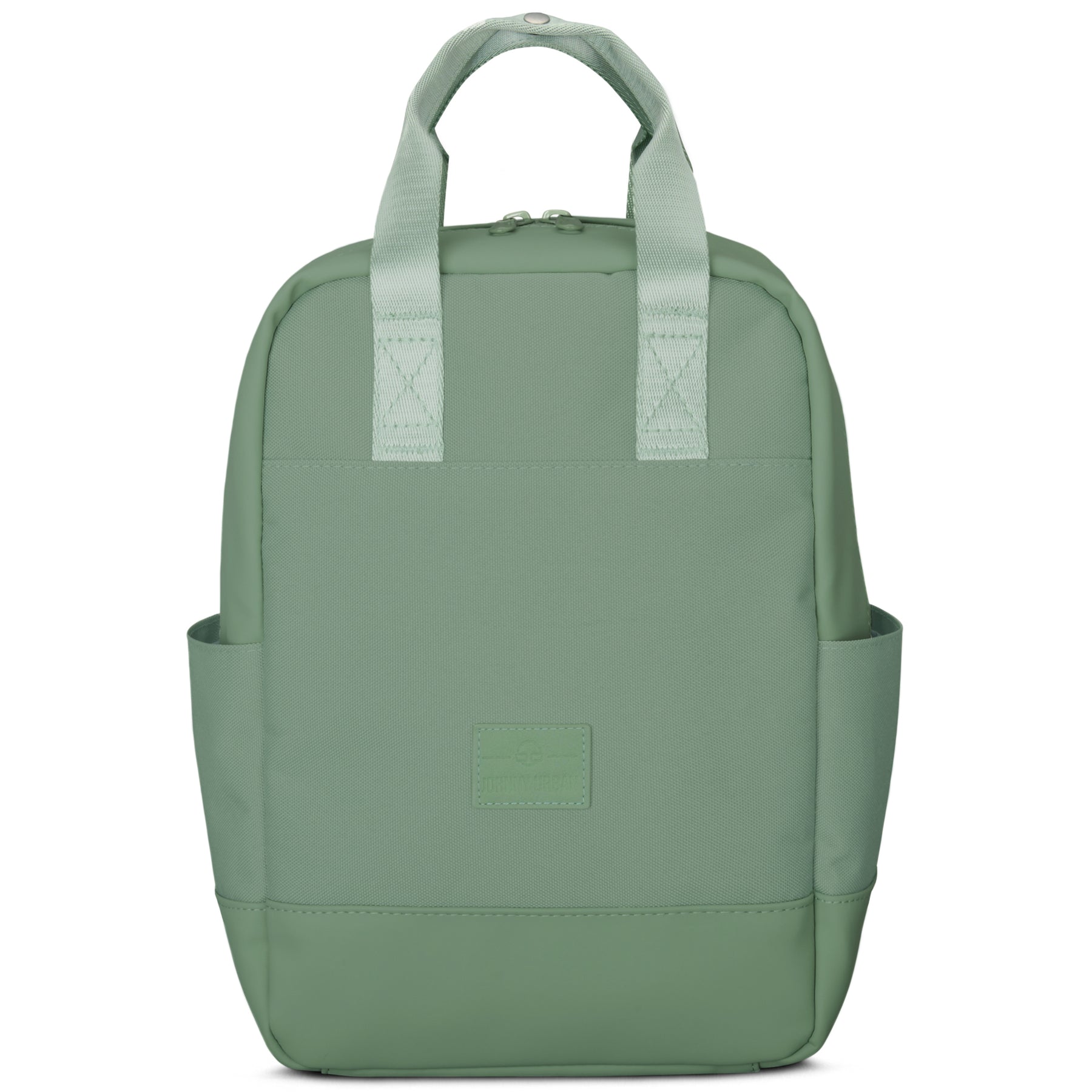 Kleiner grüner Rucksack 'Jona Small' mit zwei Taschen an den Seiten und kurzen Tragegriffen