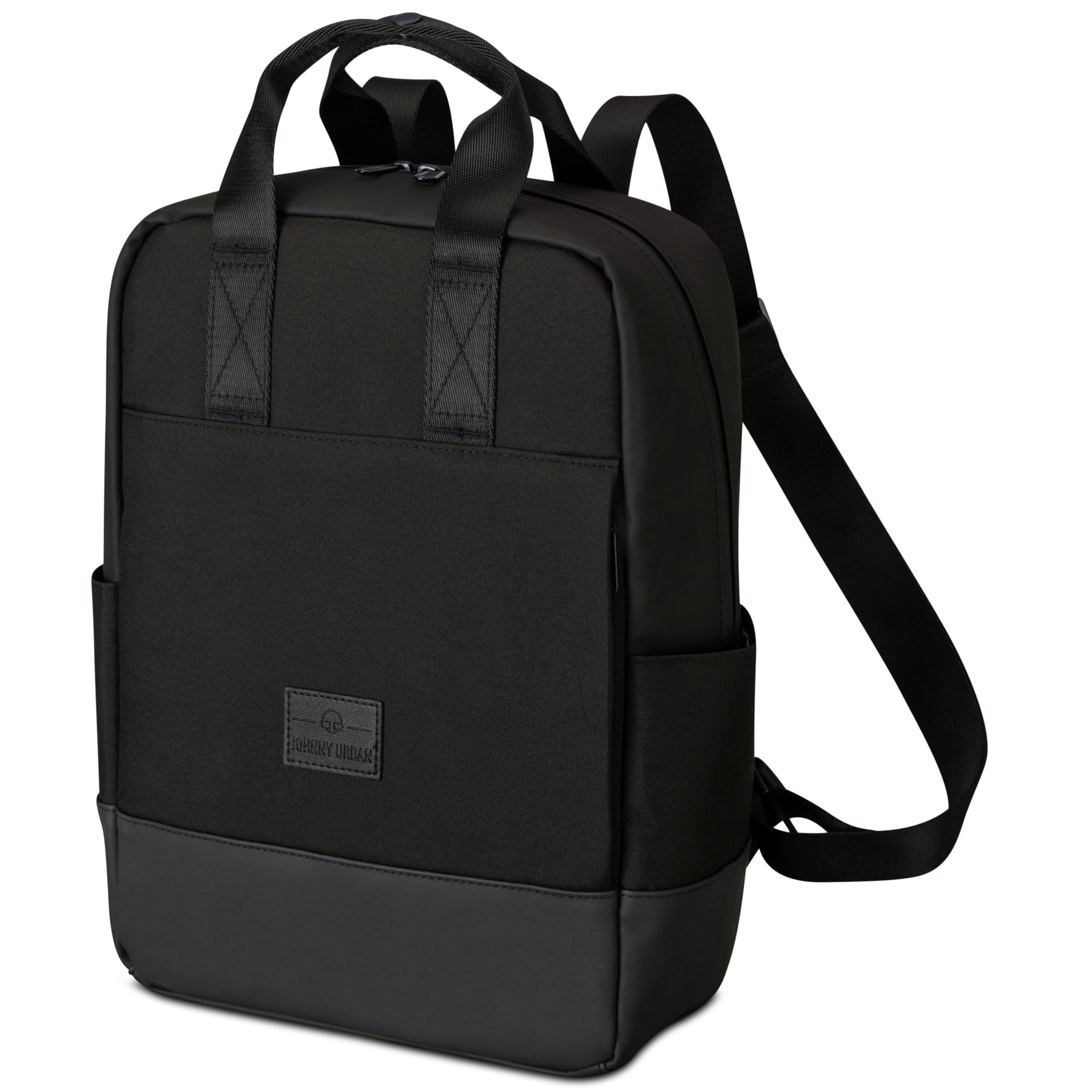 Schwarzer Rucksack 'Jona Medium' mit rechteckiger Form, zwei Tragegriffen, verstellbaren Schultergurten und Lederboden