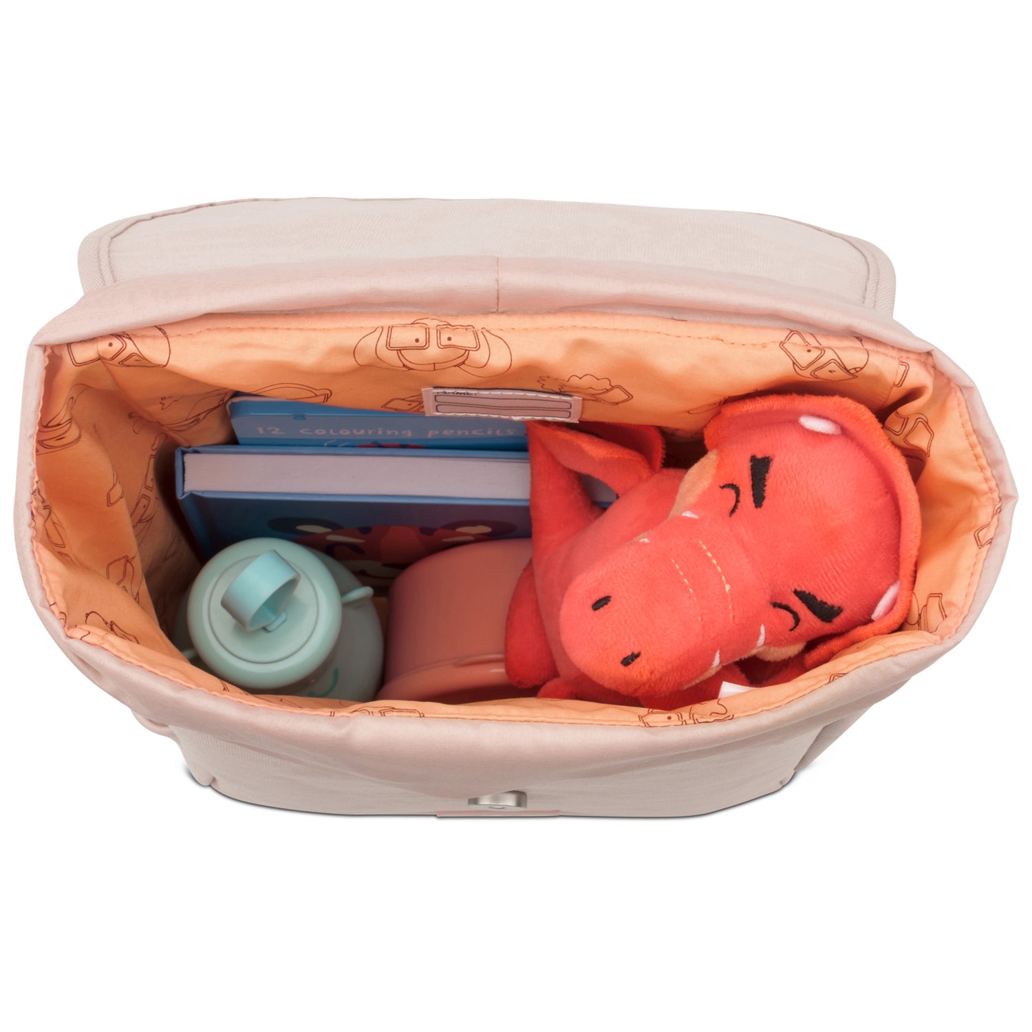 Kinderrucksack 'Liam' in Rosa mit Innenfutter, gefüllt mit Spielzeugkrokodil, Trinkflasche, Buch und anderen Gegenständen