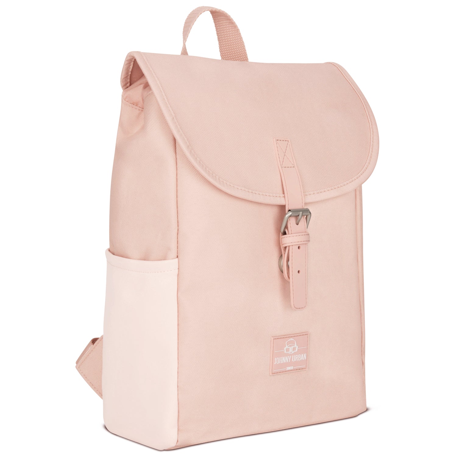 Kinderrucksack 'Liam' in rosa mit Klappenverschluss und Schnalle, seitliche Tasche