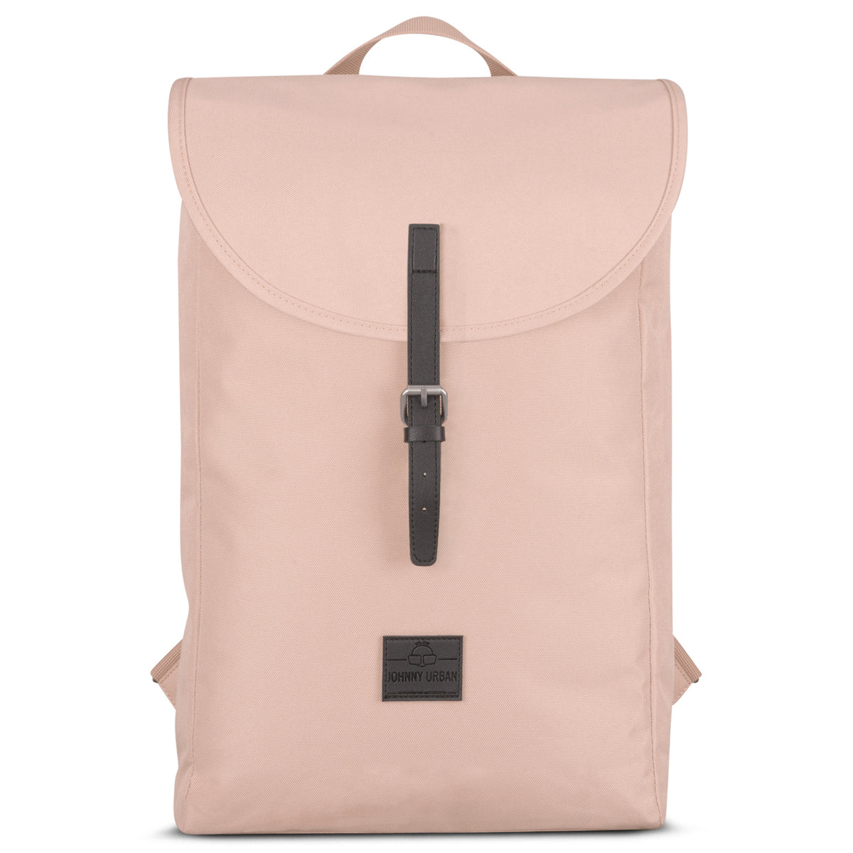 Rucksack 'Liam' von Johnny Urban in Rosa mit schwarzem Lederriemen und Logo auf der Vorderseite