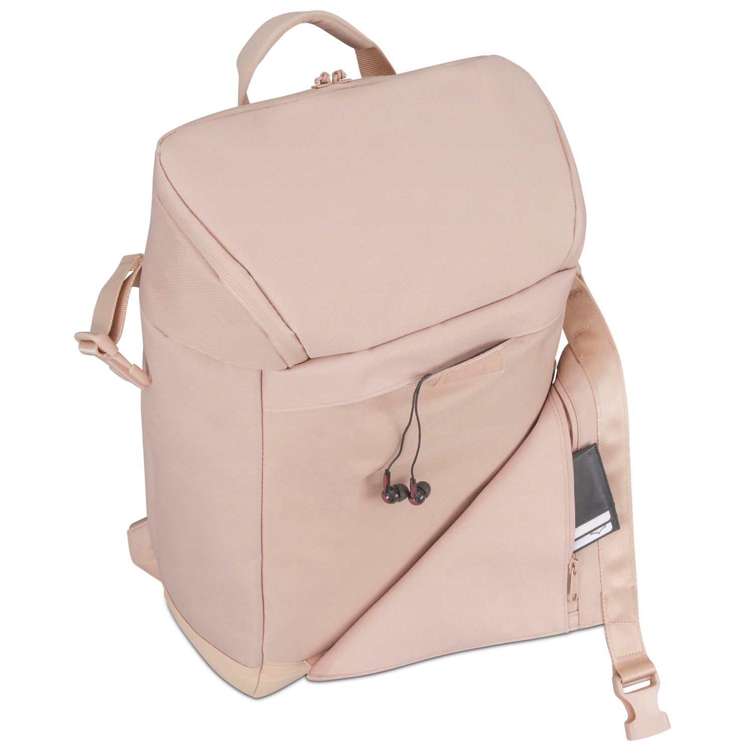 Rucksack 'Luca' in rosa mit geöffnetem Frontfach, integrierter Kopfhörerhalterung und Seitenfach