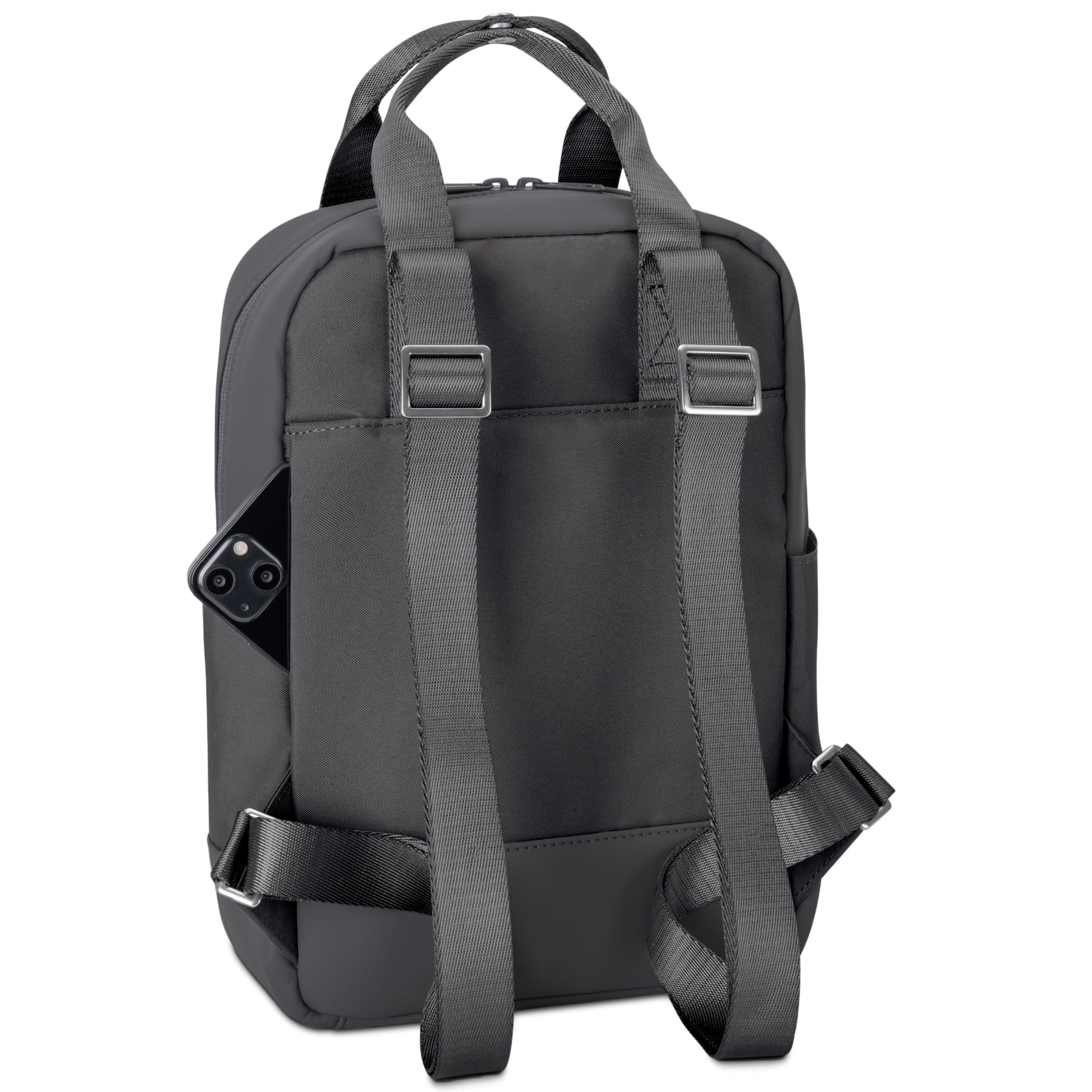 Rucksack 'Jona Small' von Johnny Urban, dunkelgrau, Rückansicht mit verstellbaren Schulterriemen und seitlicher Tasche mit Smartphone