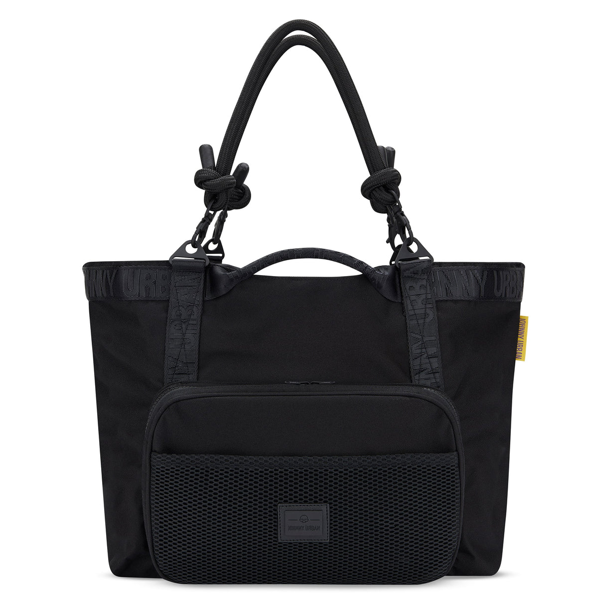 Schwarze Shopper Tasche 'Cassie' von Johnny Urban mit vorderer Reißverschlusstasche und dicken Trägern mit Knoten