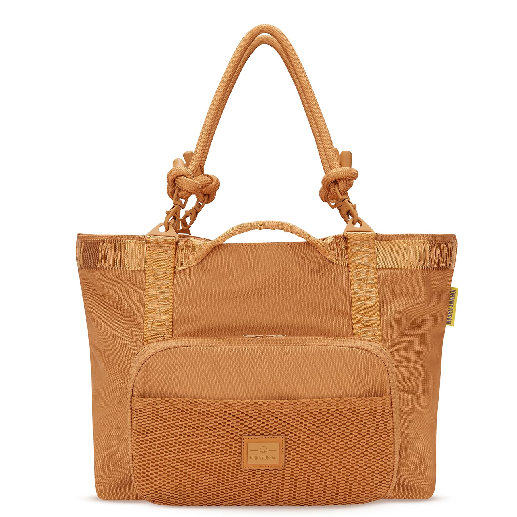 Shopper Tasche 'Cassie' von Johnny Urban in karamellbraun mit doppeltem Griff und vorderer Netztasche