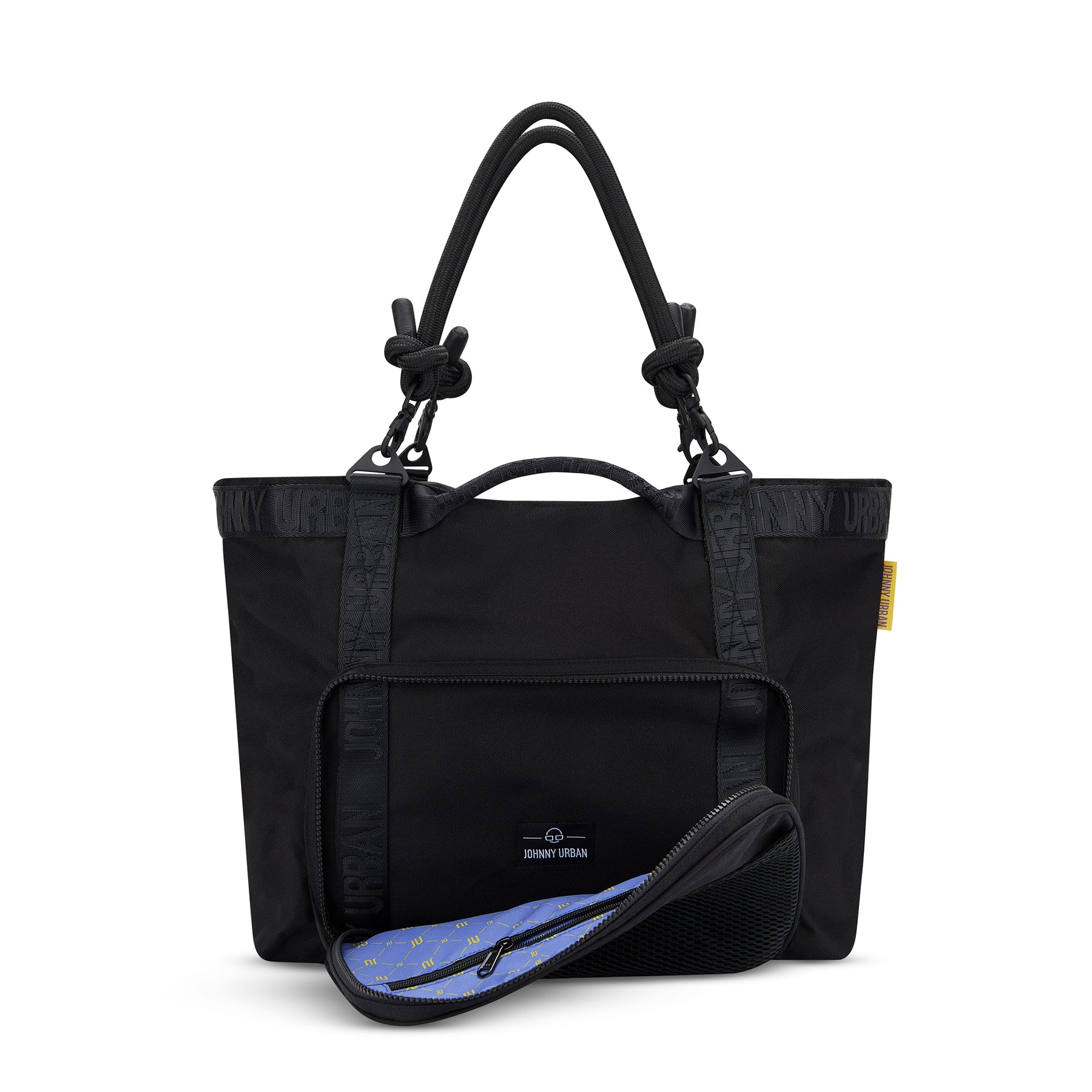 Schwarze faltbare Shopper Tasche 'Cassie' von Johnny Urban mit Kordelgriffen und Reißverschlussfach