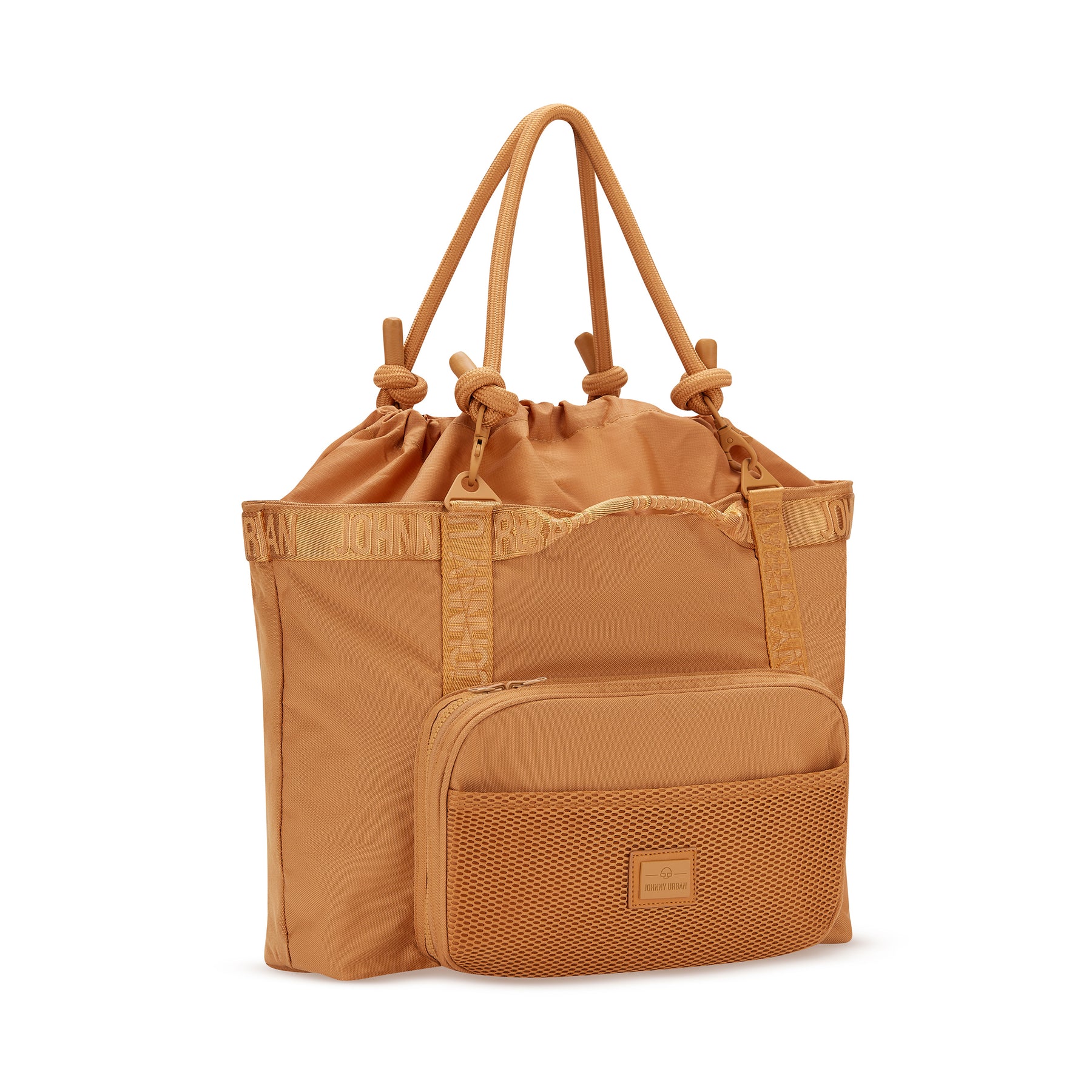 Große Shopper Tasche "Cassie" in Braun mit Kordelzügen und Fronttasche aus Mesh von Johnny Urban