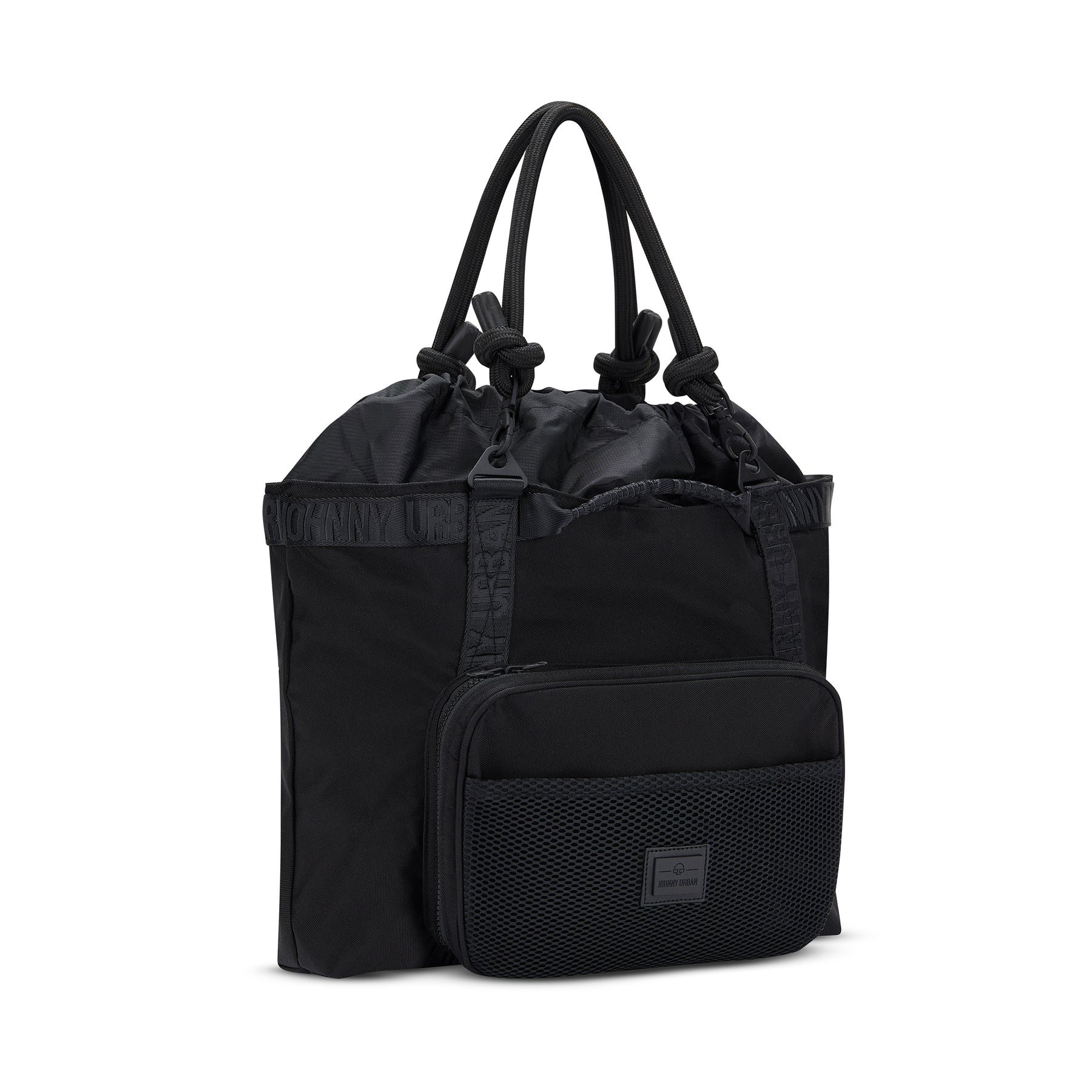 Große schwarze Shopper-Tasche 'Cassie' von Johnny Urban mit Kordelverschluss und Fronttasche mit Mesh