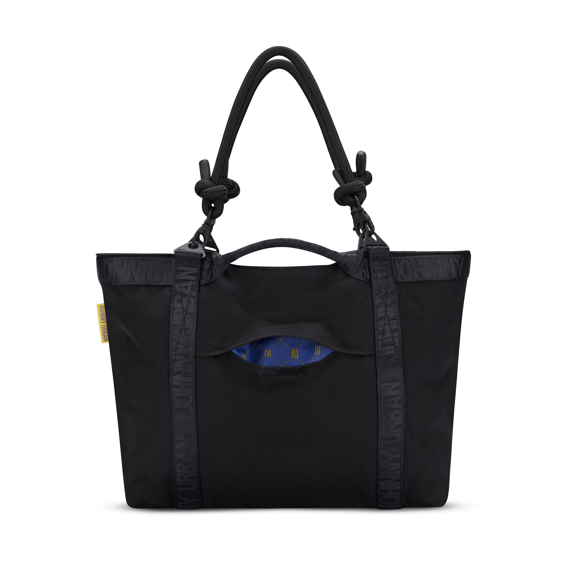 Schwarze Shopper-Tasche ‚Cassie‘ von Johnny Urban mit zwei Henkeln und sichtbarem blau-gelben Innenfutter