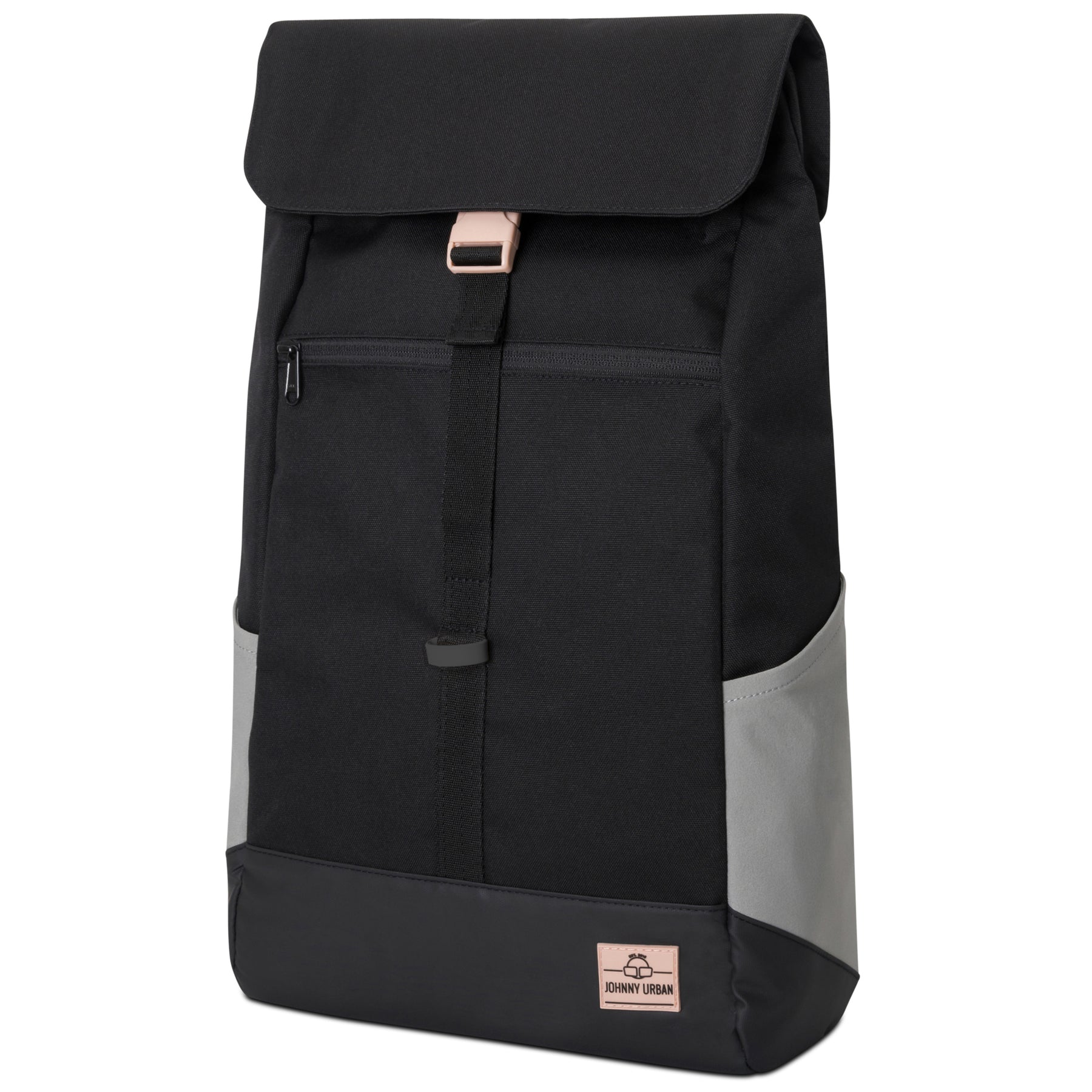 Schwarzer Tagesrucksack 'Mika' von Johnny Urban mit grauen Seitentaschen, rosa Schnalle und Frontreißverschluss