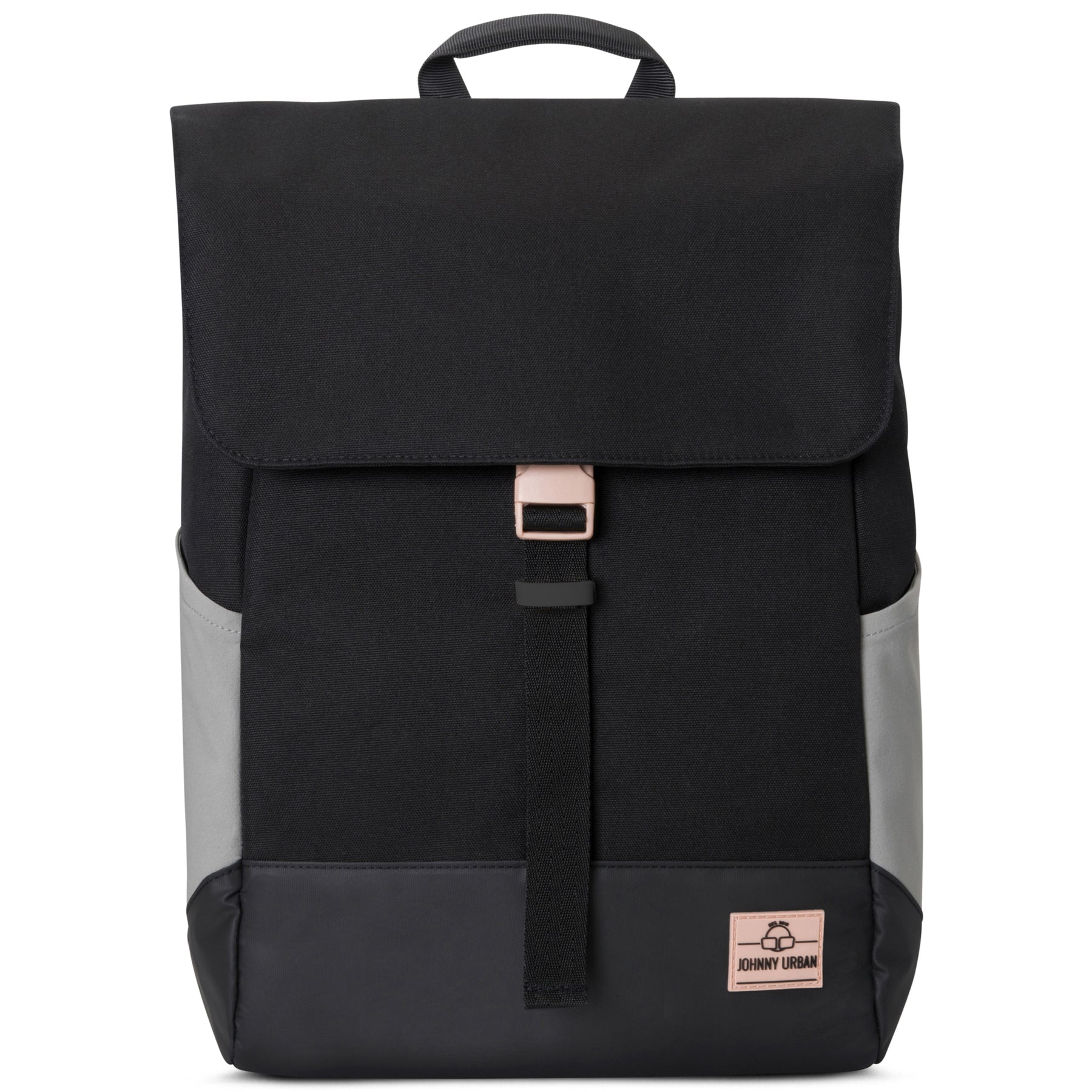 Schwarzer Tagesrucksack 'Mika' mit rosa Akzent am Verschluss und seitlichen grauen Taschen
