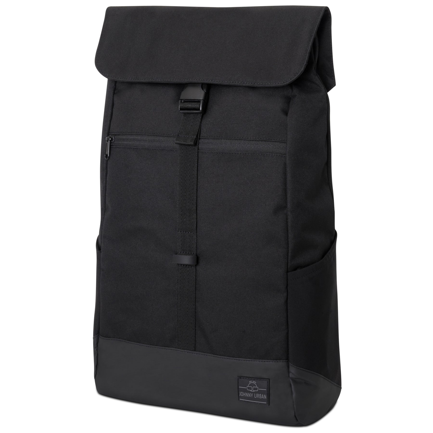 Schwarzer erweiterbarer Tagesrucksack Mika mit Klappe, Frontreißverschluss und seitlichen Taschen