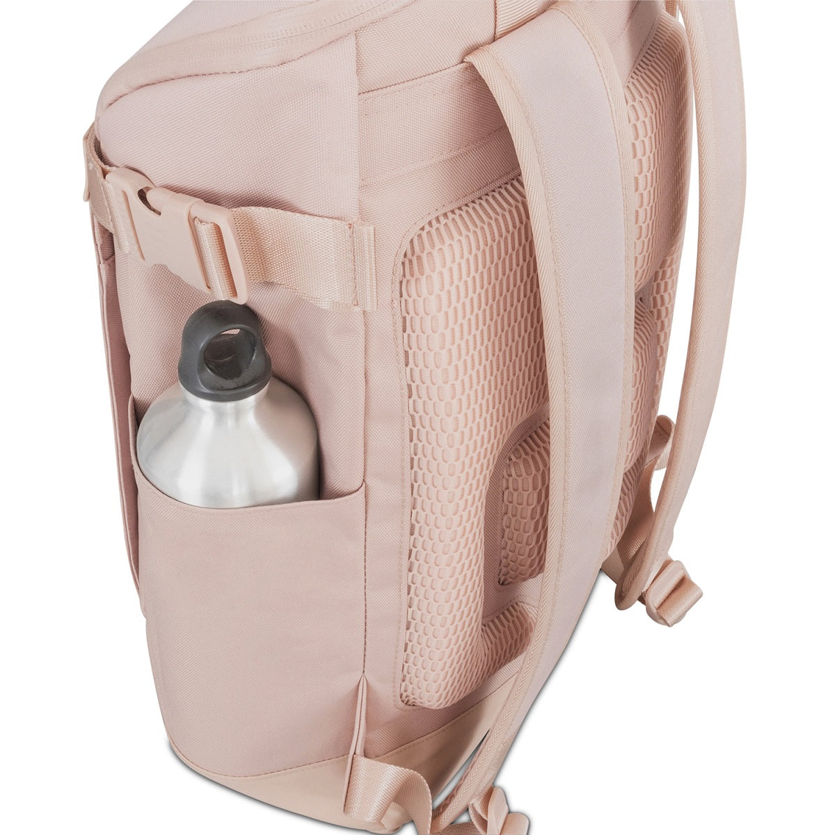 Rucksack 'Luca' in rosa mit gepolstertem Rücken und seitlicher Außentasche mit silberner Trinkflasche