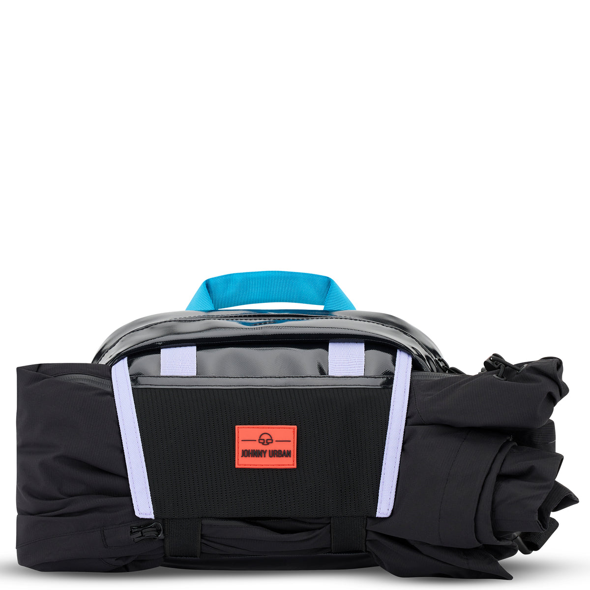 Schwarze Johnny Urban Lenkertasche Fahrrad Nelson mit blauem Griff und reflektierenden Bändern