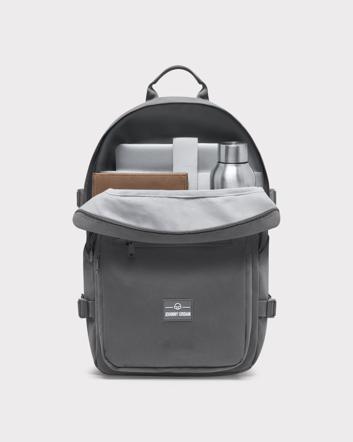 Dunkelgrauer Johnny Urban Rucksack 'Lian' mit offenem Hauptfach, Laptop, braunem Notizbuch und Metallflasche