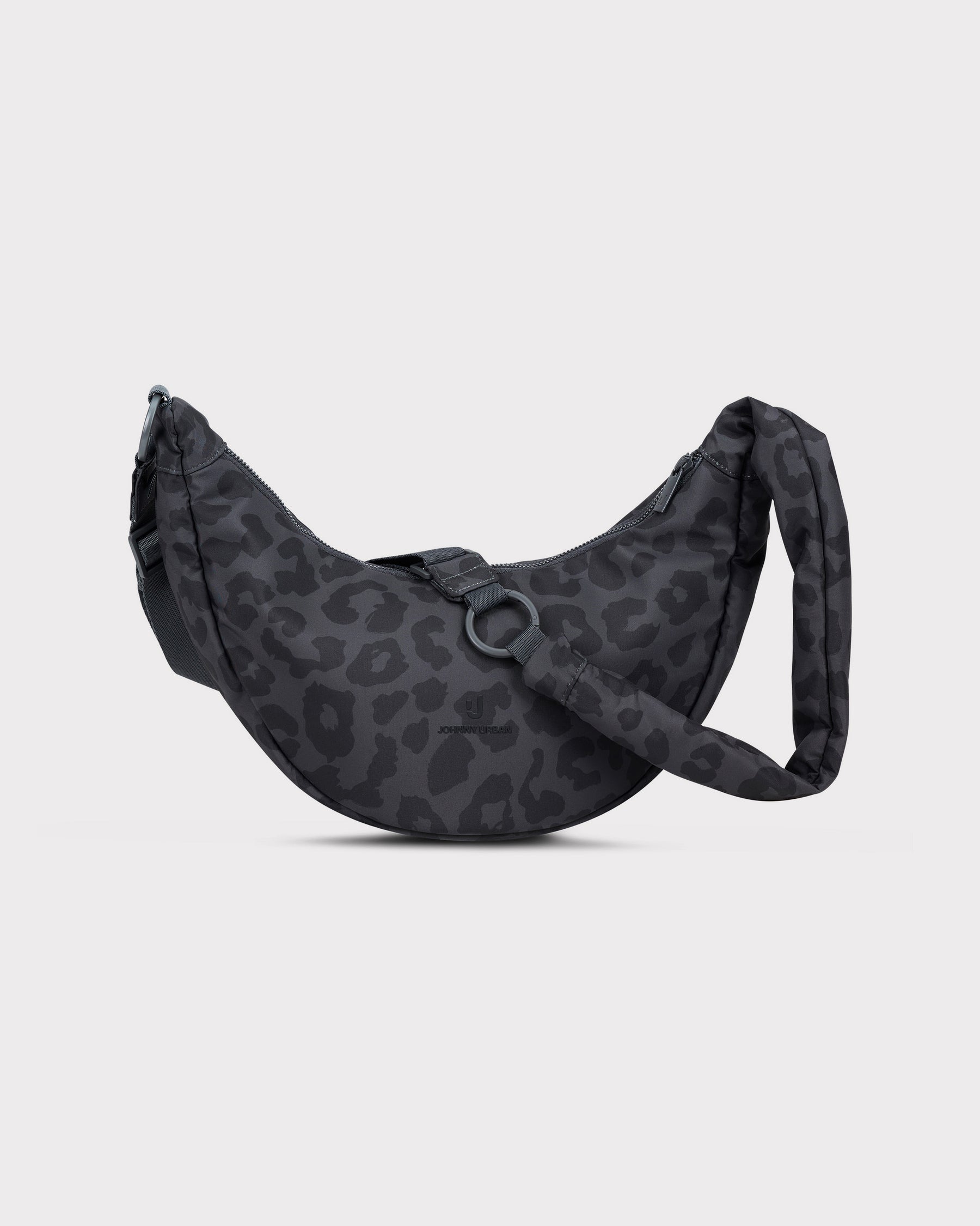 "Lou Medium" Half Moon Bag, grey leopard print