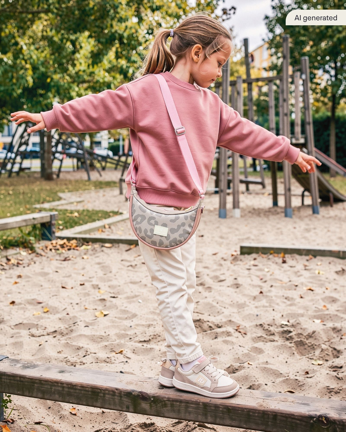 Mädchen balanciert auf einem Klettergerüst und trägt dabei die Kinder Half Moon Bag "Mio" in sand leo | KI generiertes Bild
