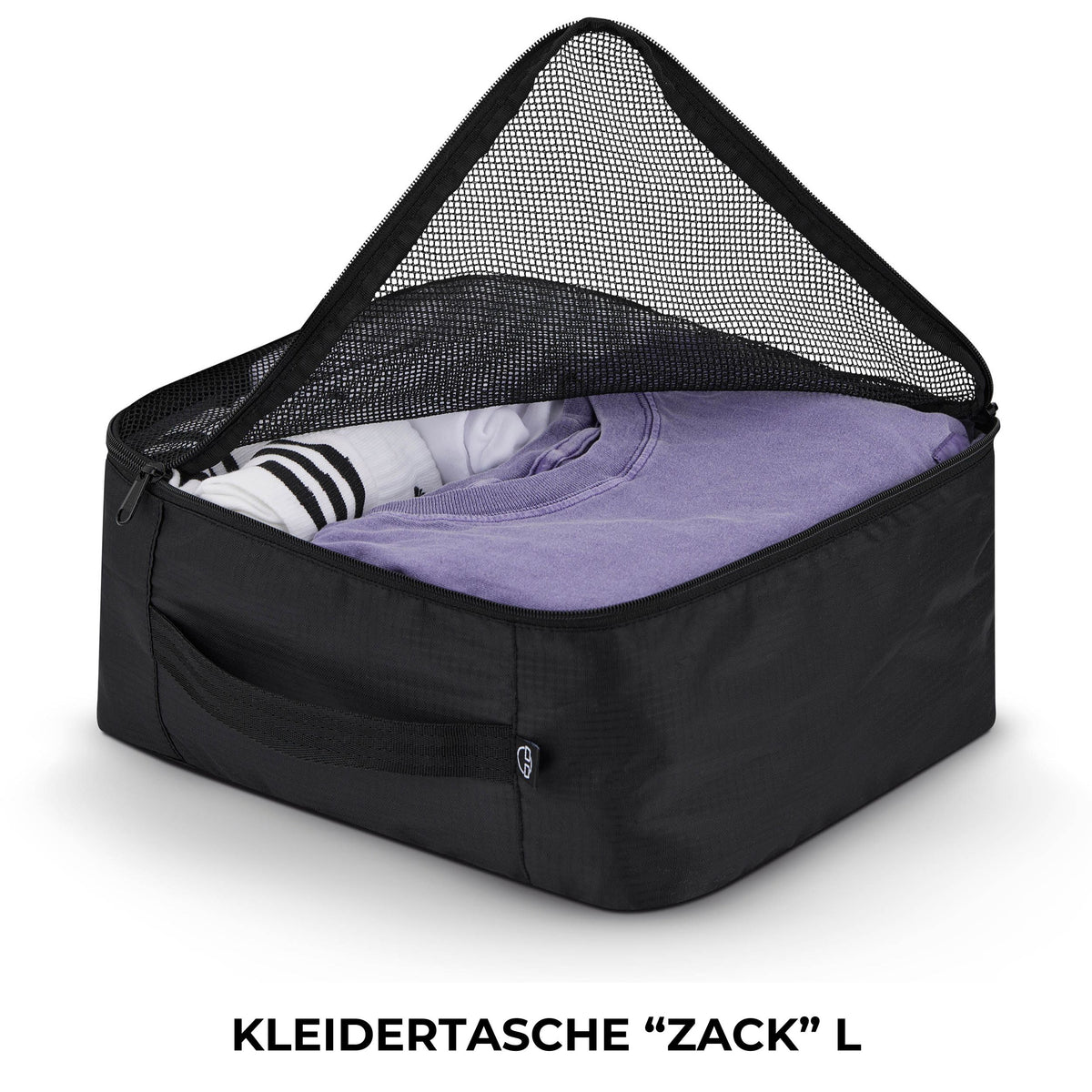 Schwarze Kleidertasche 'Zack' L von Johnny Urban mit Mesh-Oberseite, gefüllt mit gefalteter Kleidung