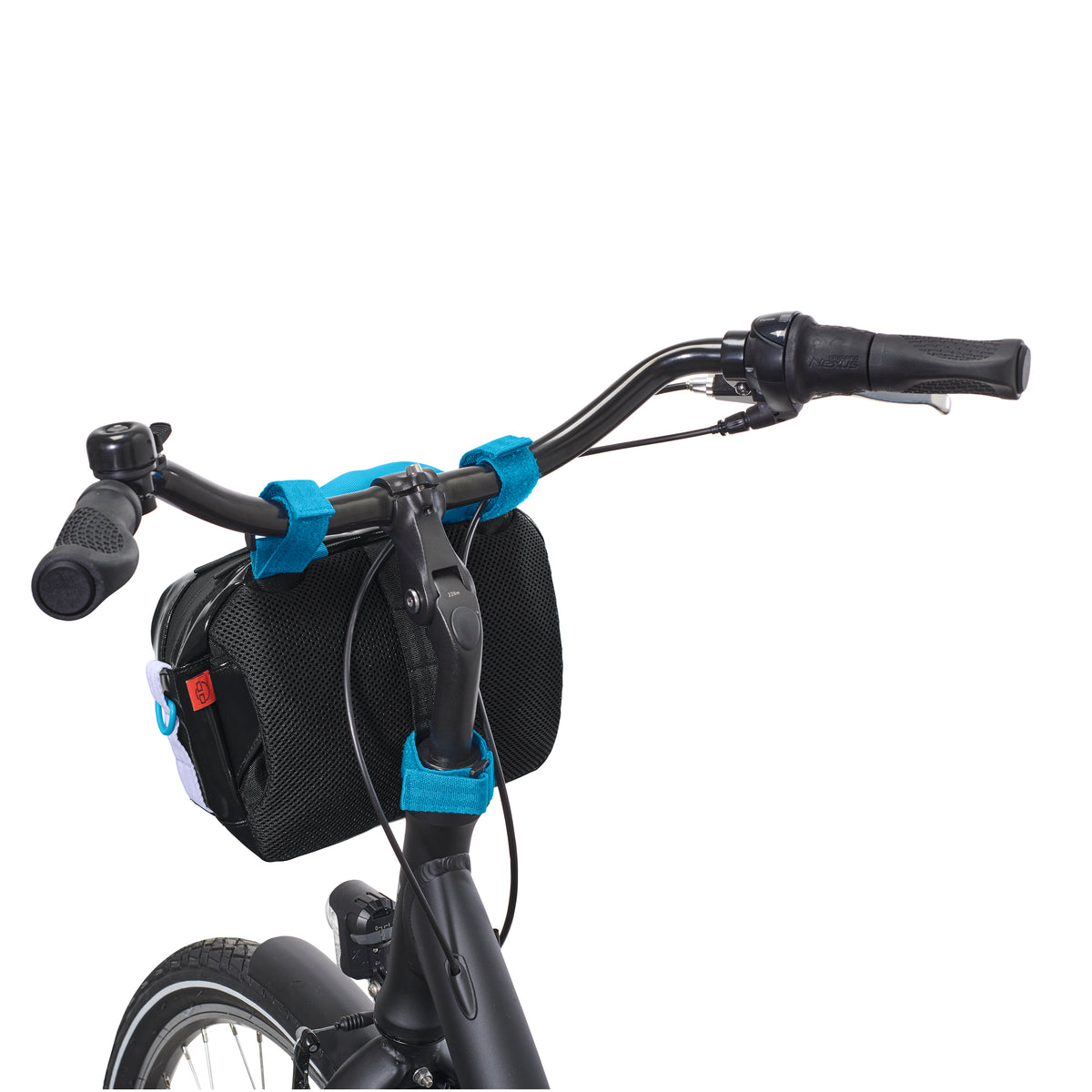 Schwarze Fahrrad-Lenkertasche 'Nelson' mit blauen Klettverschlüssen am schwarzen Lenker befestigt