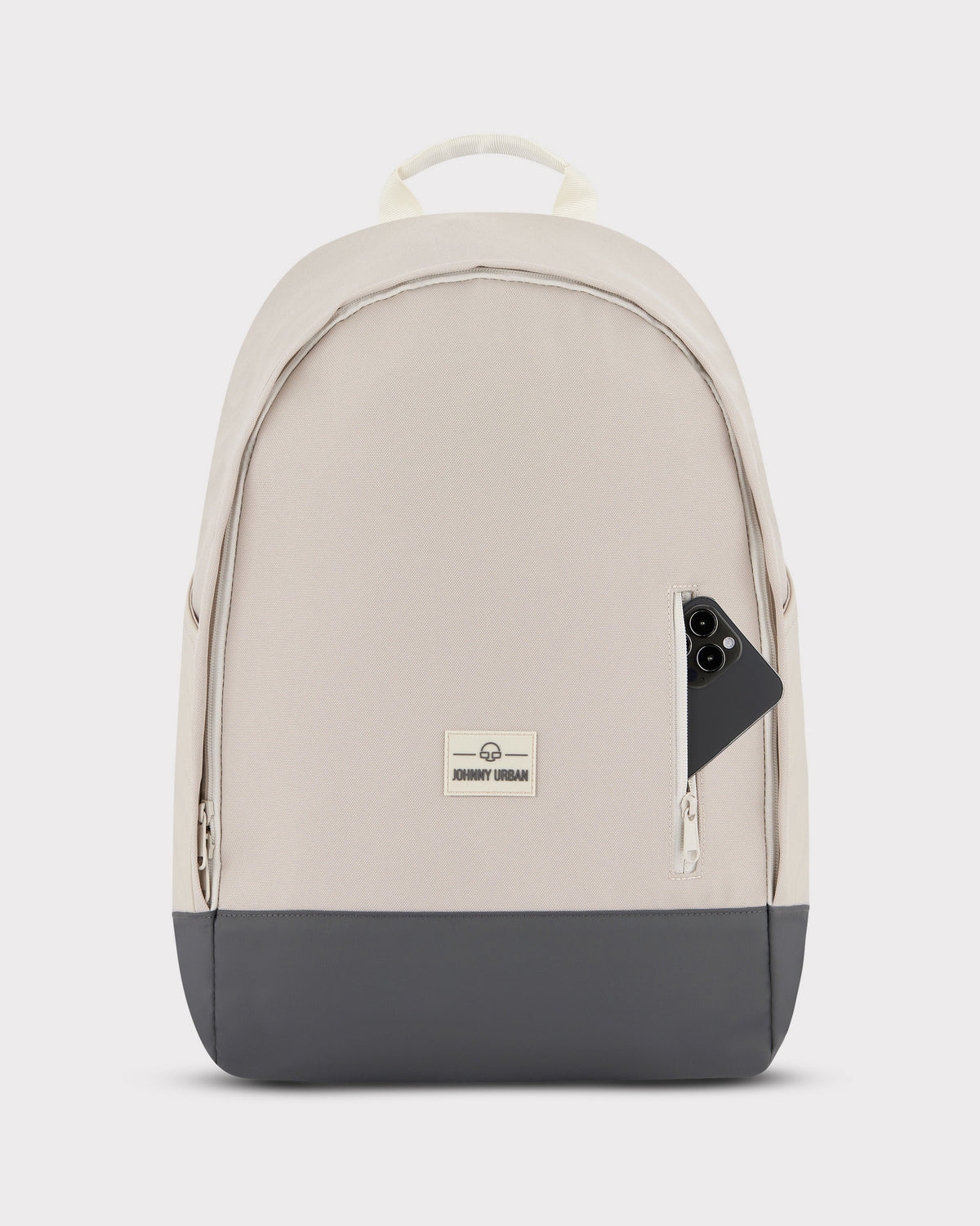 Rucksack 'Neo' von Johnny Urban in Beige mit grauem Boden und seitlicher Reißverschlusstasche mit Smartphone
