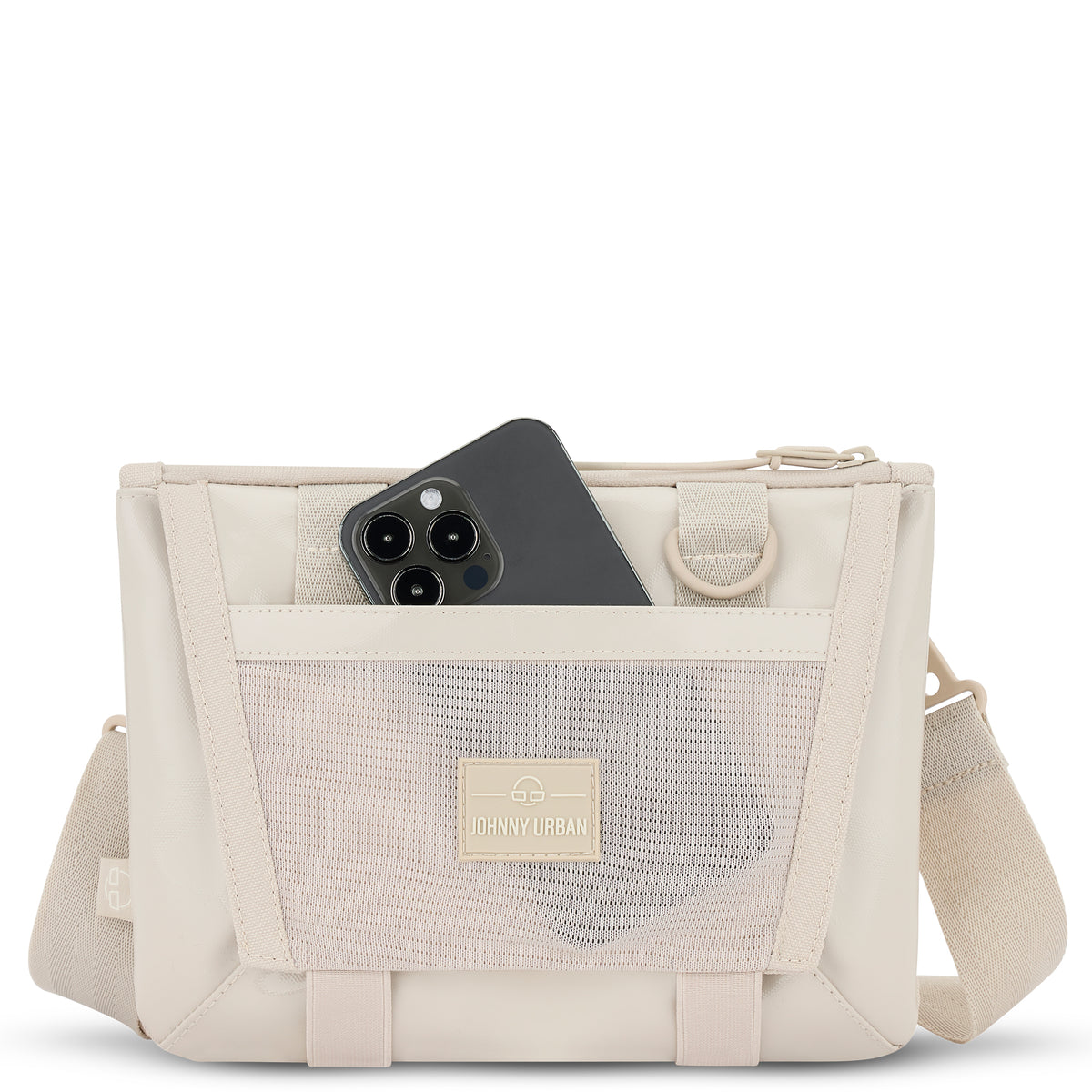 Beige Umhängetasche 'Avery' von Johnny Urban mit Netzaußentasche und schwarzem Smartphone
