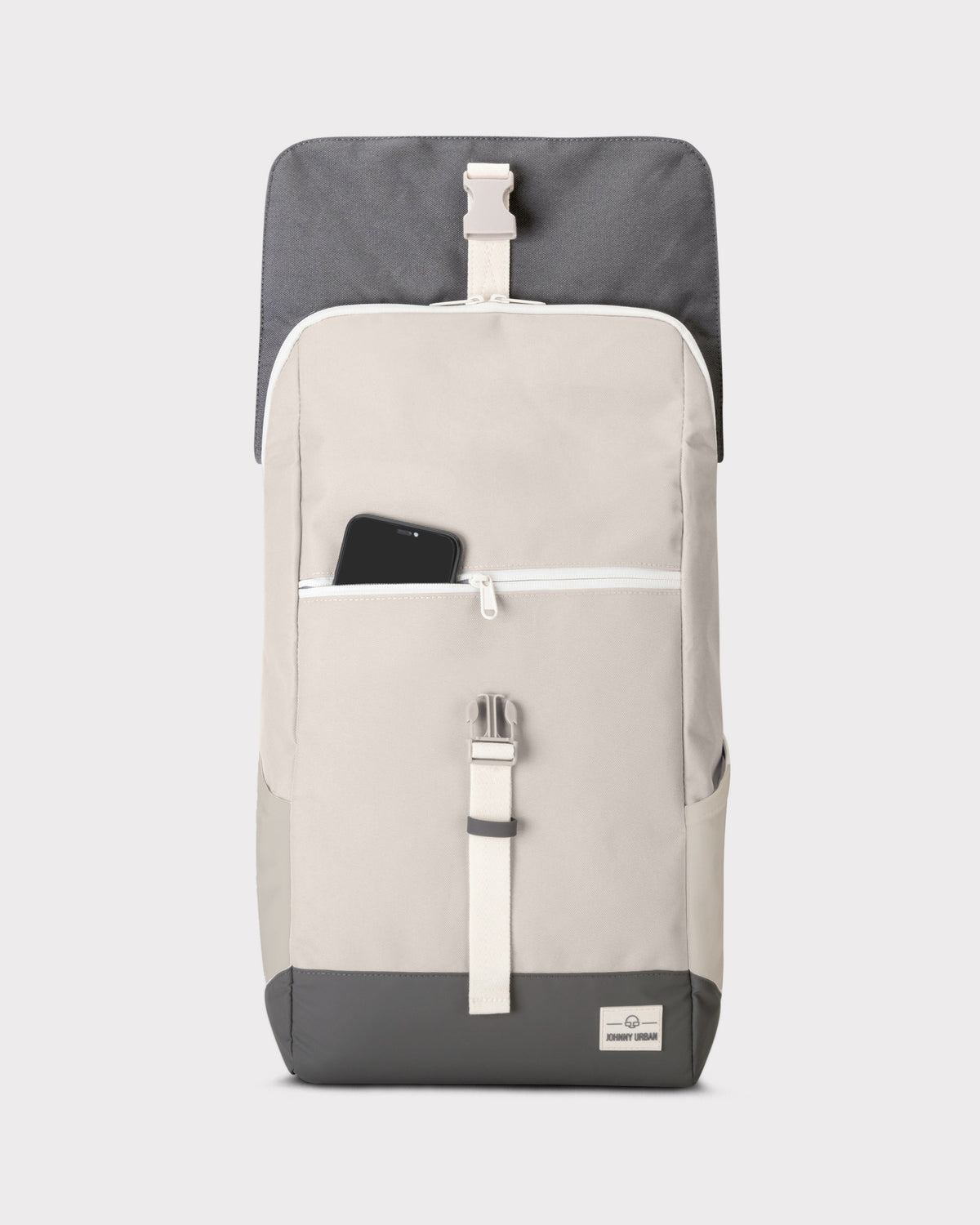 Beiger und grauer Tagesrucksack "Mika" mit Fronttasche und Smartphone