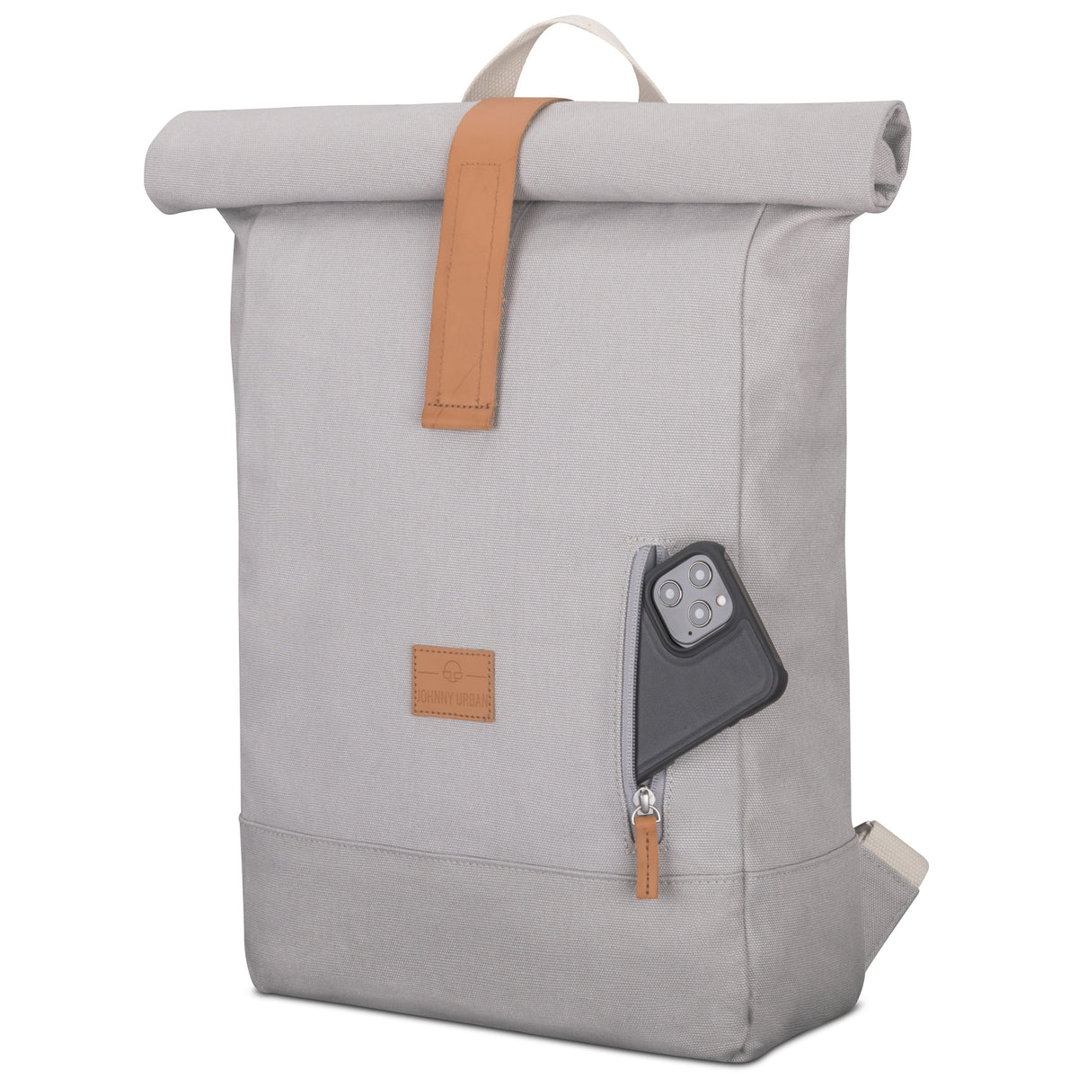 Rolltop Rucksack 'Adam Large' in Grau aus Canvas mit kleinem Reißverschlussfach, teilweise geöffnet mit Smartphone