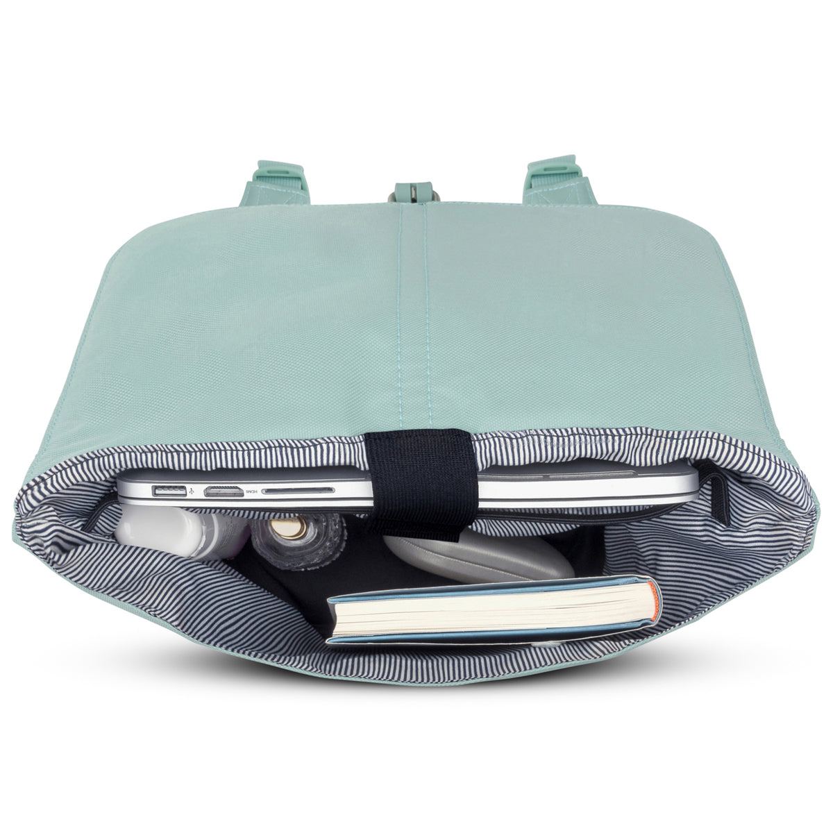 Mintgrüner Damenrucksack 'Mia' von oben mit Laptop, Buch und weiteren Gegenständen innen