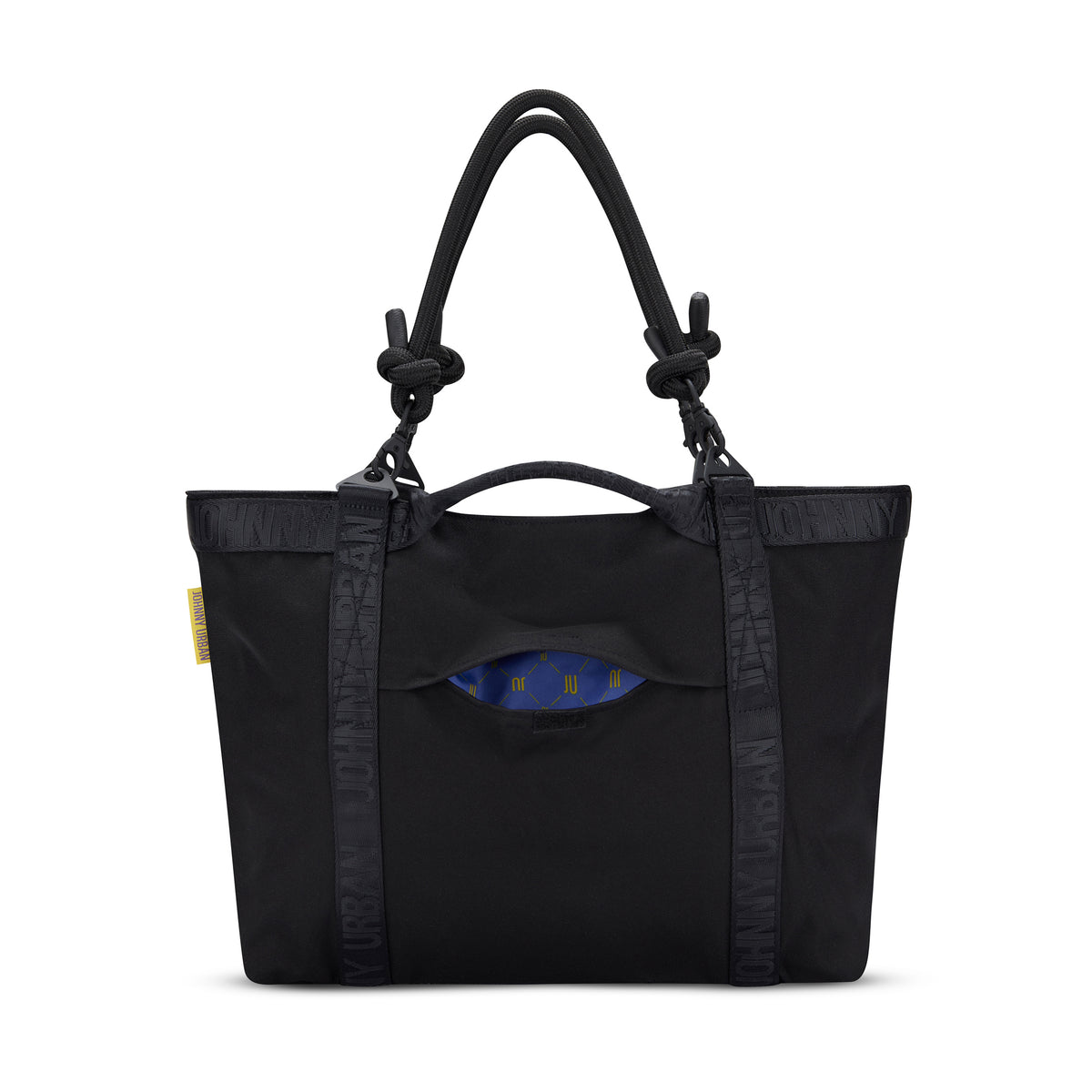Schwarze Shopper-Tasche ‚Cassie‘ von Johnny Urban mit zwei Henkeln und sichtbarem blau-gelben Innenfutter